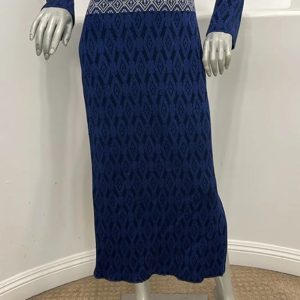 St. John Evening Diamond Jacquard Knit Maxi Dress Navy Blue Silver Long Sleeve 4 - Picture 10 of 14